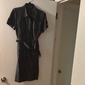 Grey Jean Button-Up Dress with Belt